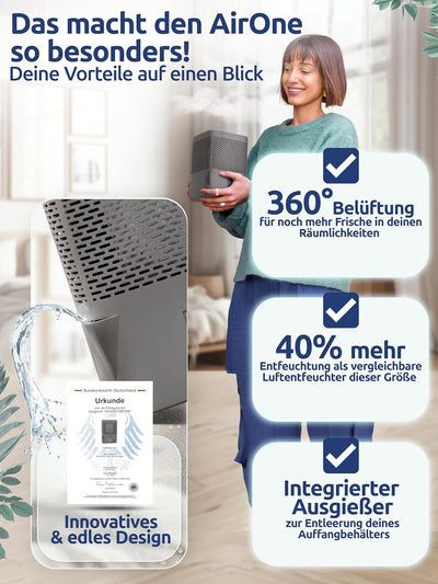 BonAura® AirOne Luftentfeuchter ohne Strom mit 360° Belüftung I Raumentfeuchter mit Ausgiesser & 680