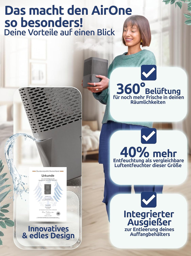 BonAura® AirOne Luftentfeuchter ohne Strom mit 360° Belüftung I Raumentfeuchter mit Ausgiesser & 680