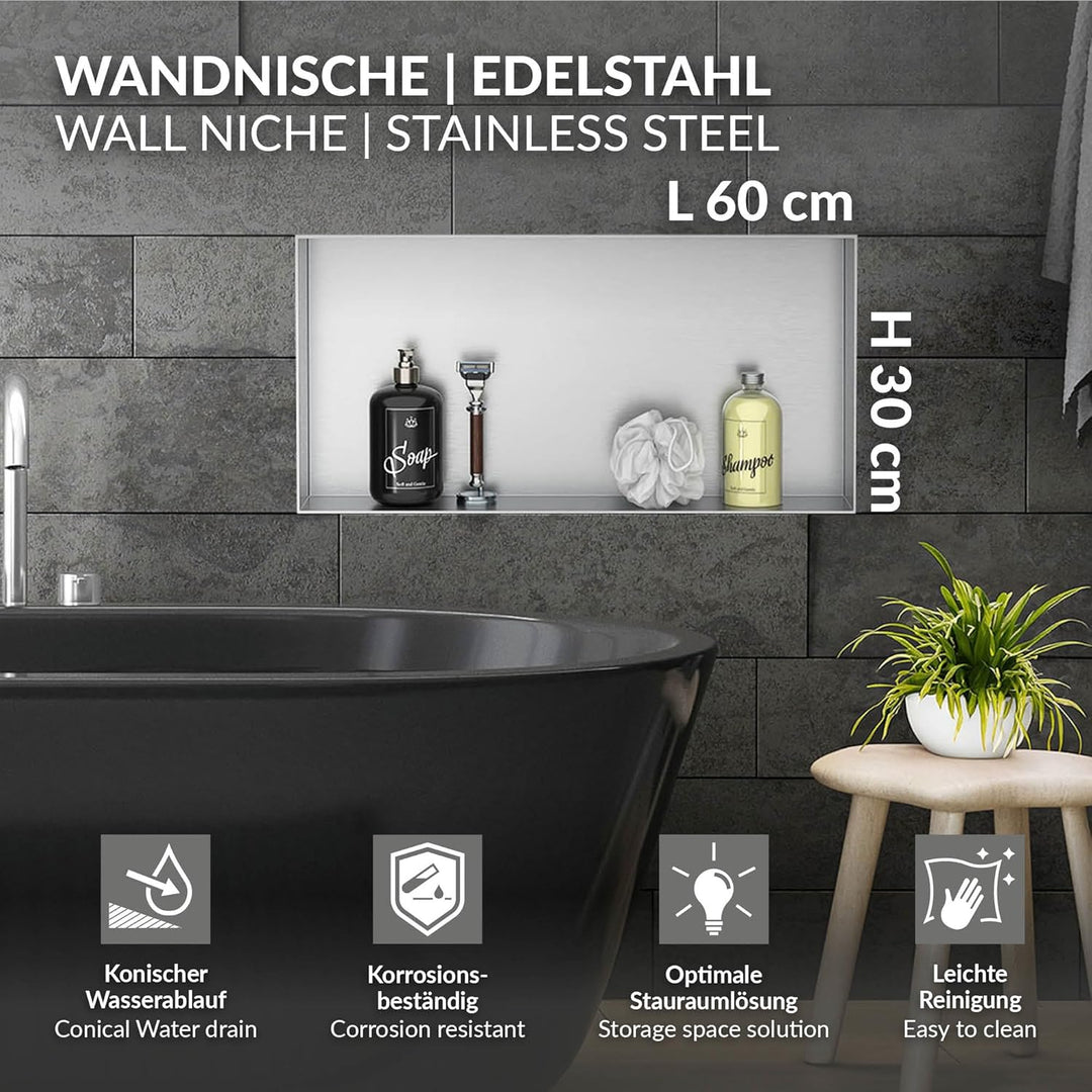 LuxeBath Wandnische aus Edelstahl, 60x30x10 cm, Silber, Duschnische, Randlos, Einbauregal, Flexibler