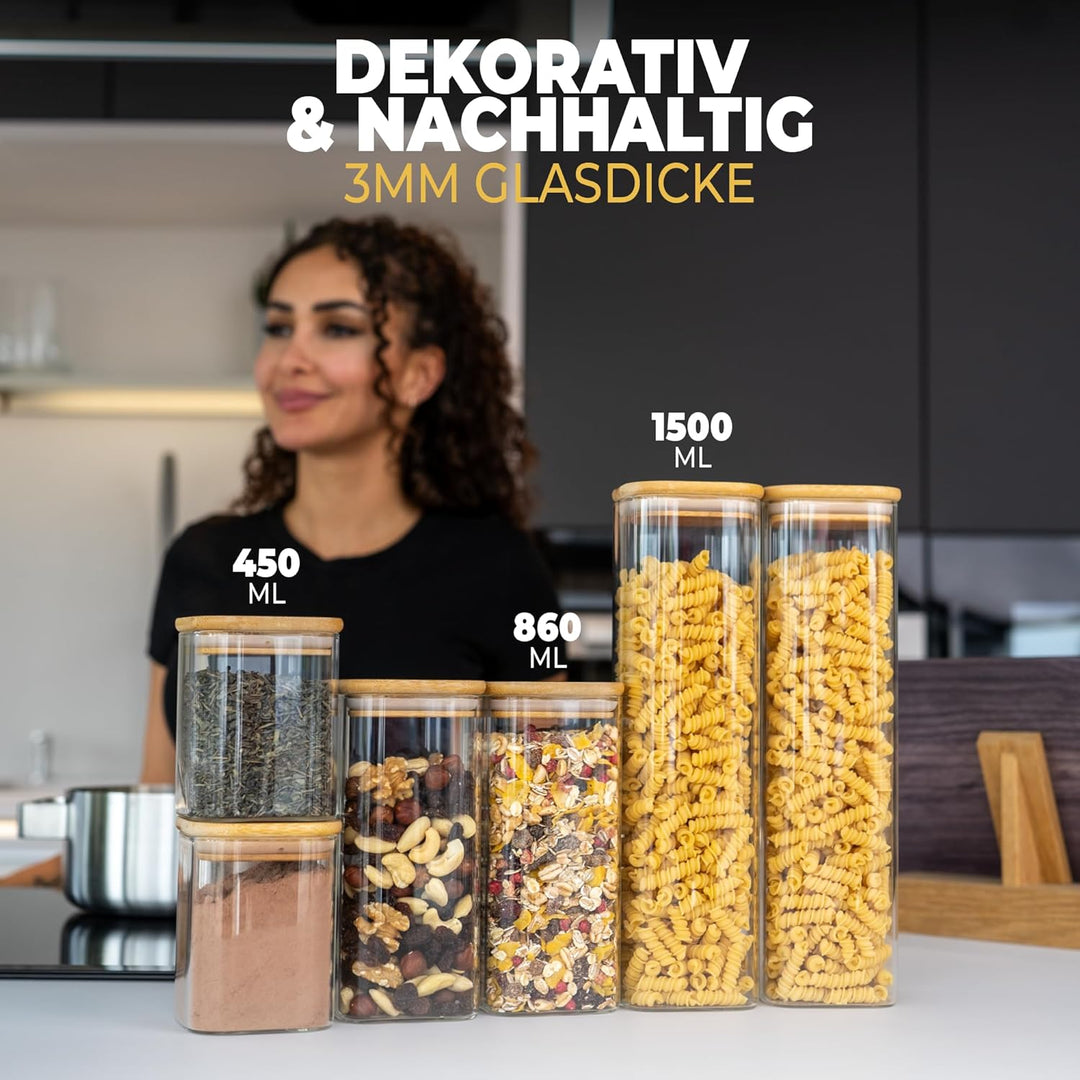 CLIDOR ® Vorratsgläser mit Deckel, Eckig - 6er Set - Extra dickes Glas - Vorratsdosen mit Deckel luf