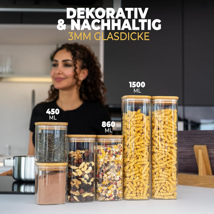 CLIDOR ® Vorratsgläser mit Deckel, Eckig - 6er Set - Extra dickes Glas - Vorratsdosen mit Deckel luf
