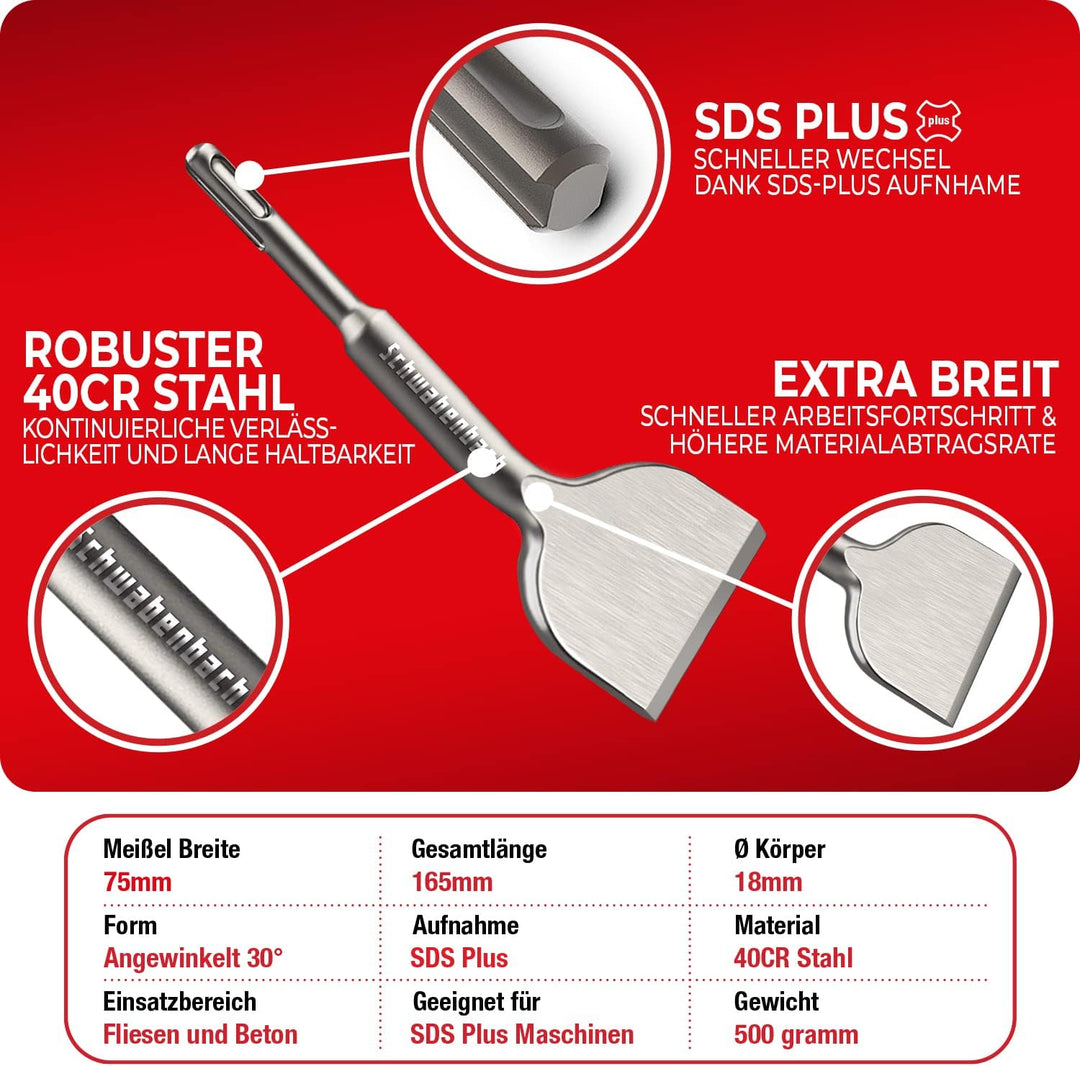 SCHWABENBACH® Fliesenmeissel SDS Plus 75 x 165mm - Abgewinkelt 30° - Ideal zum Abtragen von Verputz