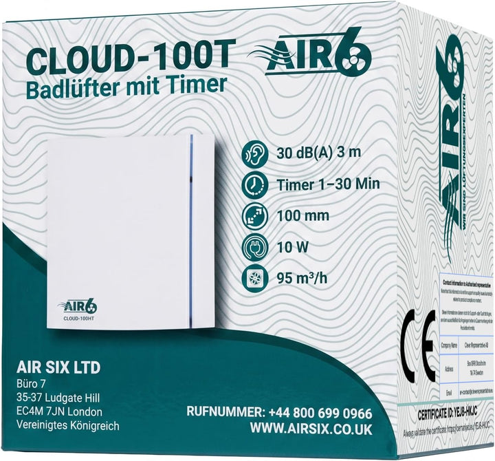 AIR 6 Badlüfter 100mm, Abluftventilator Für Badezimmer, WC, Bad Lüfter mit Timer, Leise und Leistung