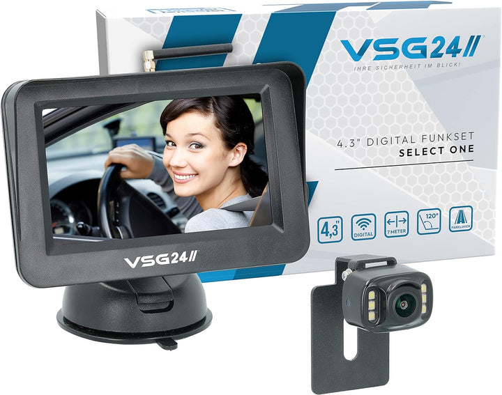 VSG24 4,3“ Funk Rückfahrsystem Select ONE für PKW, KFZ Set kabellos inkl. Rückfahrkamera + Monitor,