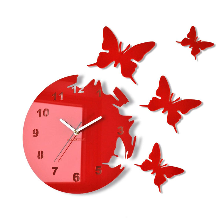 Grosse moderne Wanduhr Schmetterling Rot rund 30cm, 3d DIY, Wohnzimmer, Schlafzimmer, Kinderzimmer,