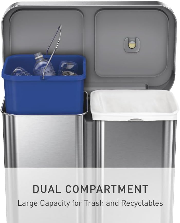 simplehuman CW2209 58 Liter, Rechteckiger Doppelfach Treteimer mit Beutelfach, Mülltrennsystem 2 Fac