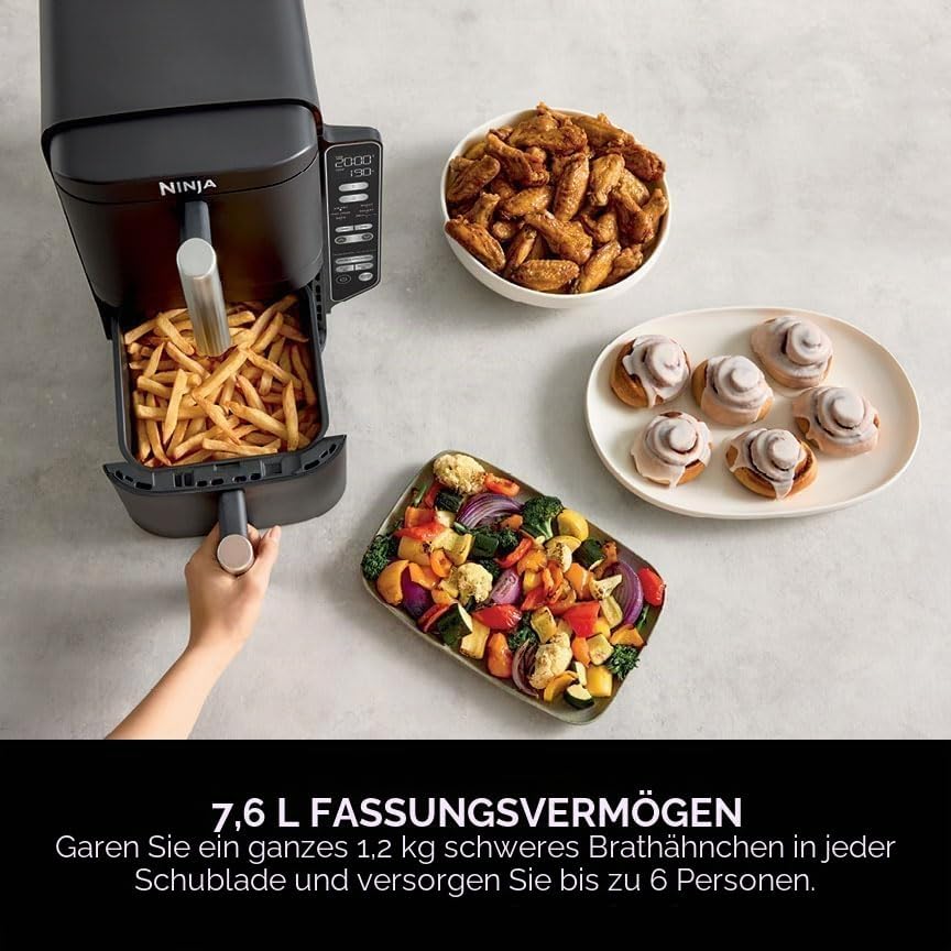 Ninja Doppelstapel-Luftfritteuse, vertikale Doppelschublade, Luftfritteuse mit 4 Kochstufen, 2 Schub