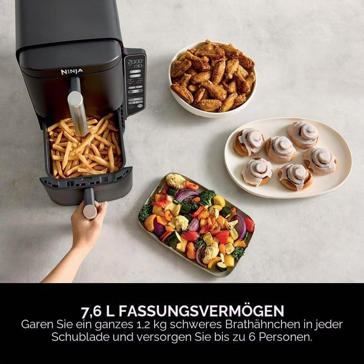 Ninja Doppelstapel-Luftfritteuse, vertikale Doppelschublade, Luftfritteuse mit 4 Kochstufen, 2 Schub