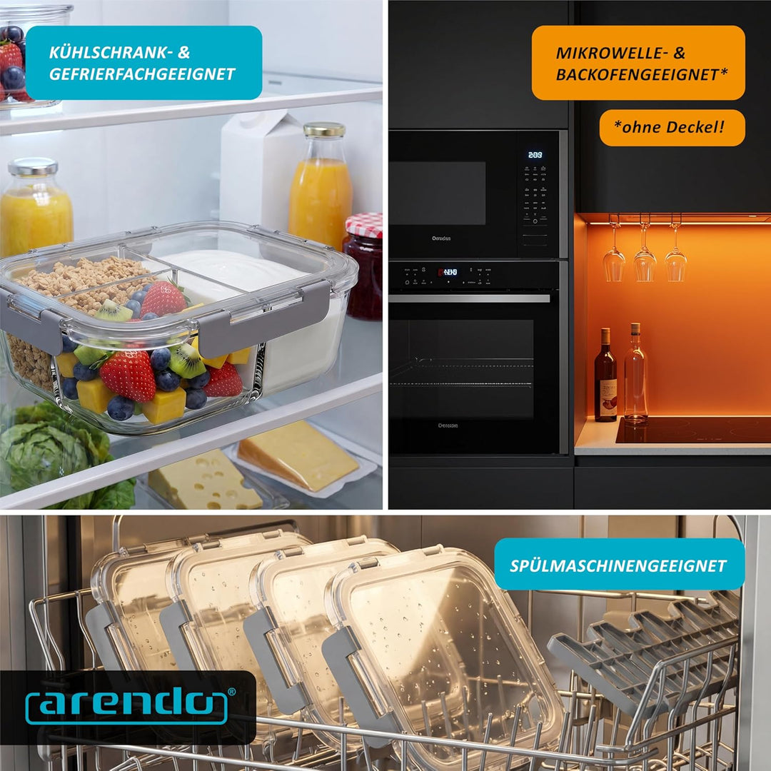 Arendo - Lunchboxen Glas - 3 Fächer - Frischhaltedosen für Lebensmittel mit Deckel luftdicht - 2er S