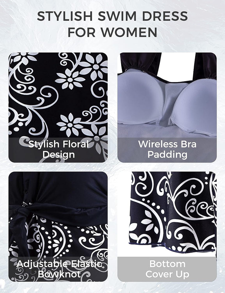 Damen Badeanzüge Sommer Bauchweg Tankini Bademode mit Bügel Badekleid Einteiler Schlanke Strandmode