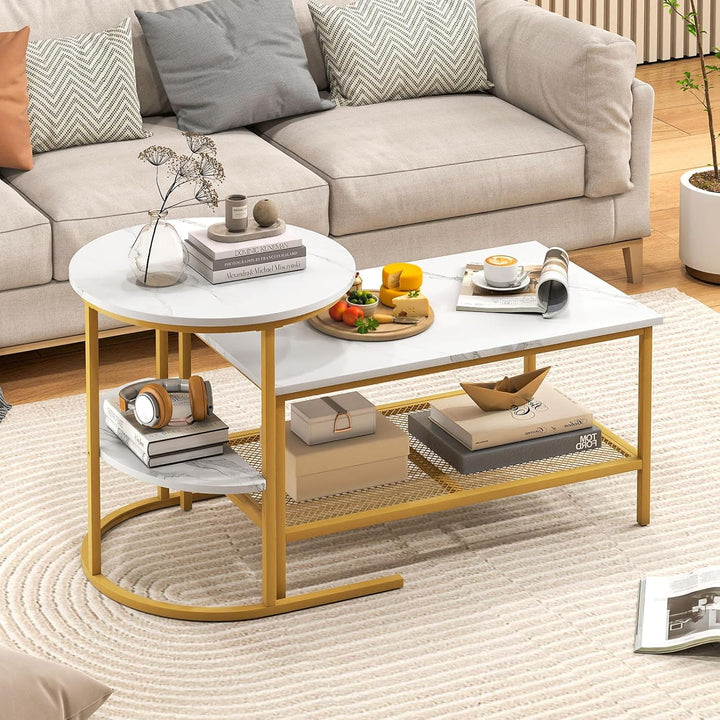 COSTWAY 2er Set Couchtisch, Beistelltisch Marmor Optik mit Metallrahmen & Ablage, Kaffeetisch Wohnzi