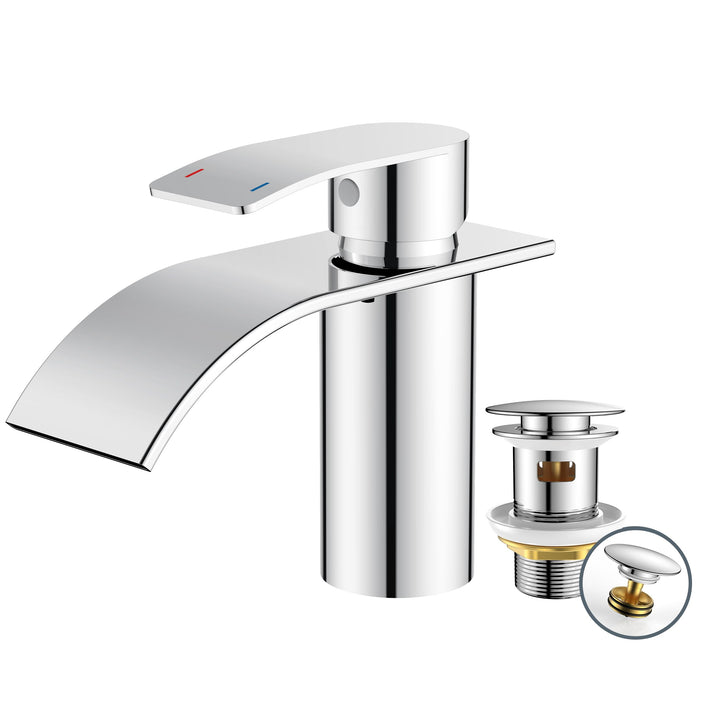 FORIOUS Wasserhahn Bad mit Ablaufgarnitur, Edelstahl Wasserfall Waschbeckenarmatur mit Auslaufhöhe 8