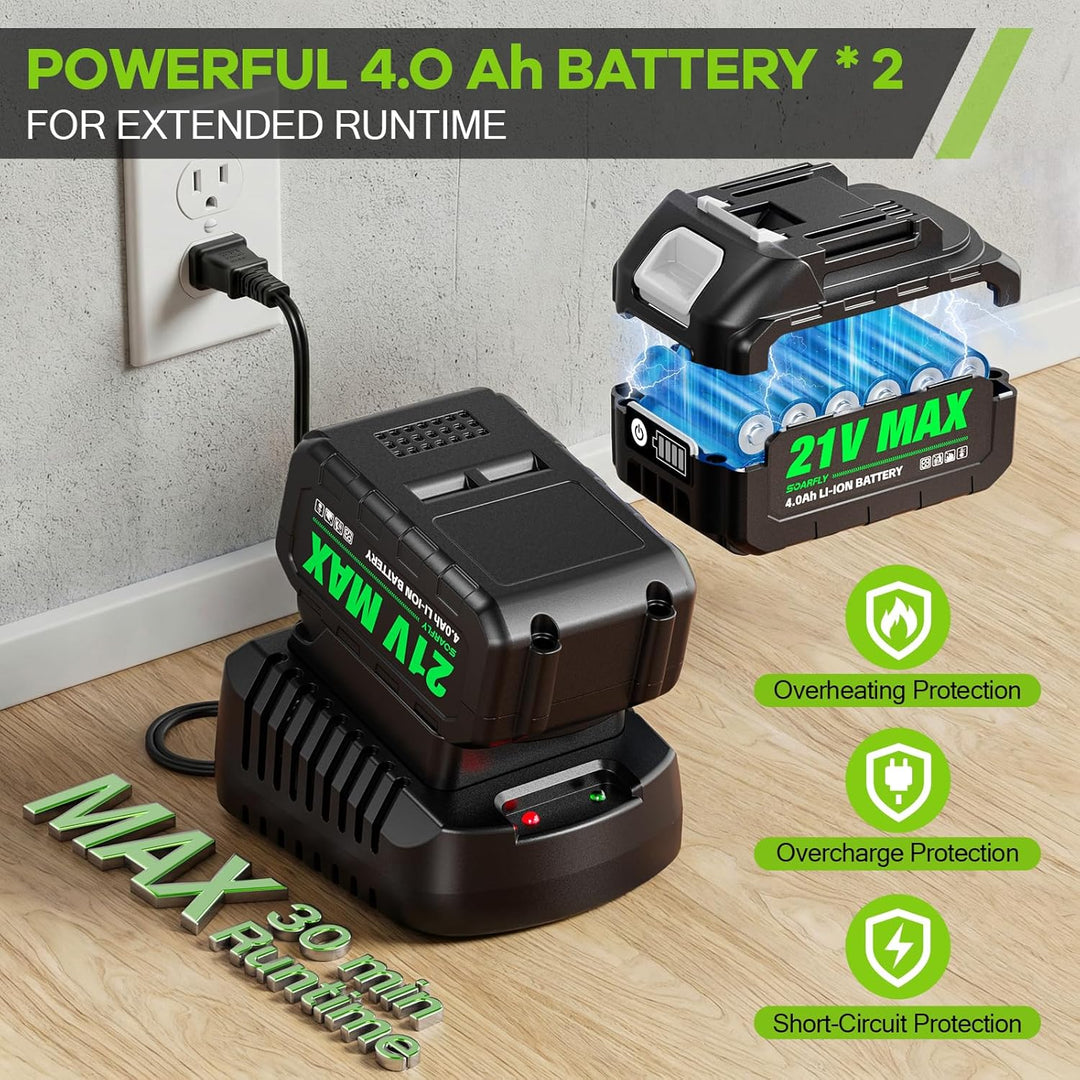 SOARFLY Akku Laubbläser mit 2×4,0Ah Akku &amp; Ladegerät, 21V 19000RPM Motor, 160MPH / 580CFM Luftstrom,