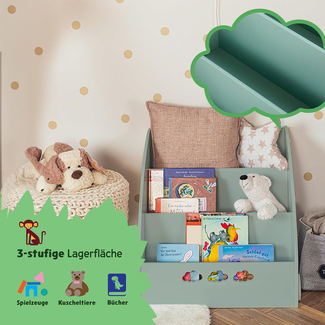 KHG Bücher-Standregal grün für Kinder mit 3 offenen Fächern, freistehendes Kinderregal für Bücher un