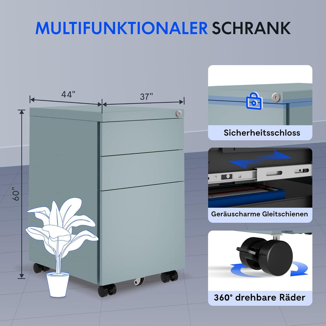 FlexiSpot Rollcontainer mit 3 Schubladen, mobiler Aktenschrank mit Rollen, Schubladenschrank Bürosch