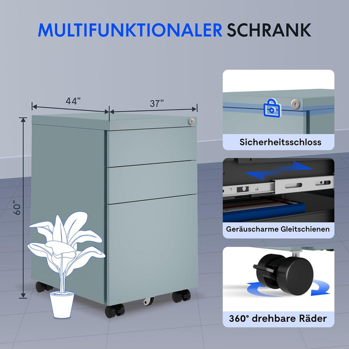 FlexiSpot Rollcontainer mit 3 Schubladen, mobiler Aktenschrank mit Rollen, Schubladenschrank Bürosch
