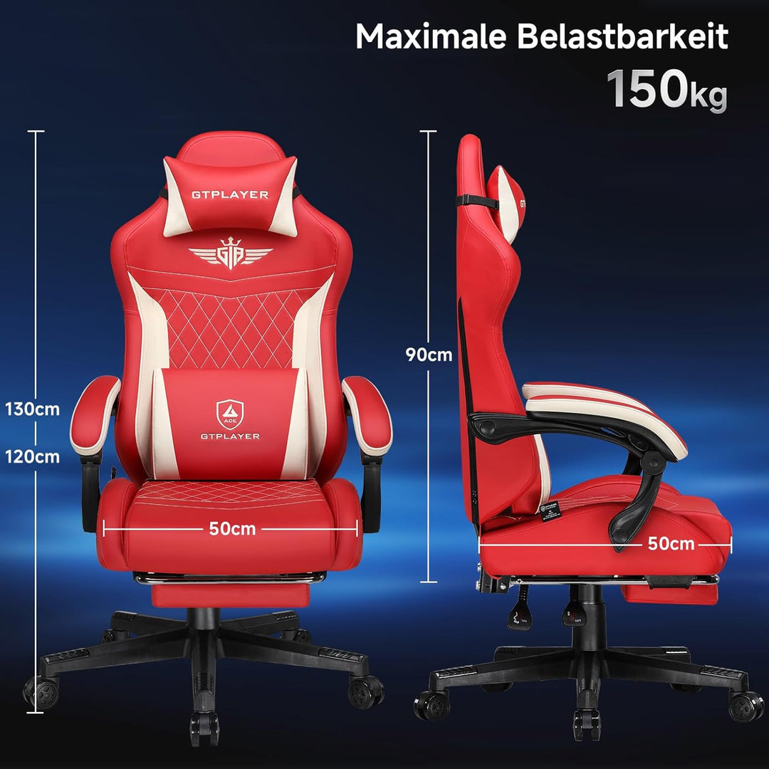 GTPLAYER Gaming Stuhl, Ergonomischer Gamer Stuhl aus PU-Leder mit Lendenwirbelstütze, PC-Stuhl mit v