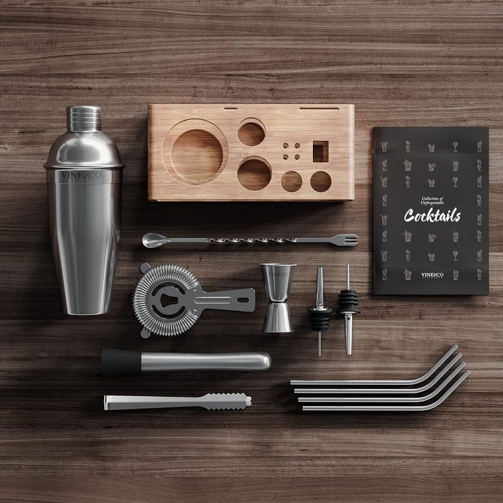 Cocktail Shaker Set mit Ständer & Rezeptbuch: Premium Edelstahl Bar Cocktailset Cocktailshaker Messb