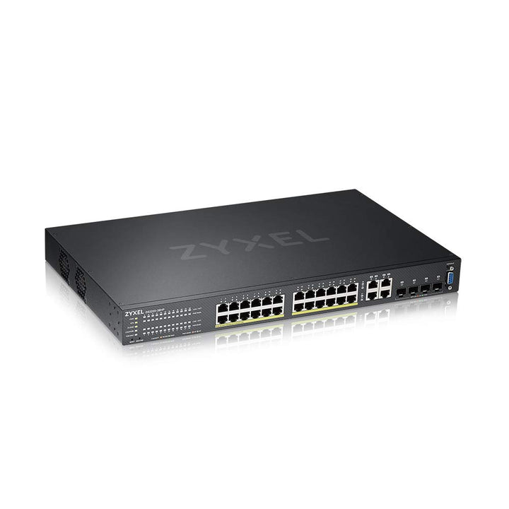 Zyxel Gigabit Ethernet Layer 2 Managed PoE+ Switch mit 24 Ports, einem Budget von 375 W, vier Gigabi