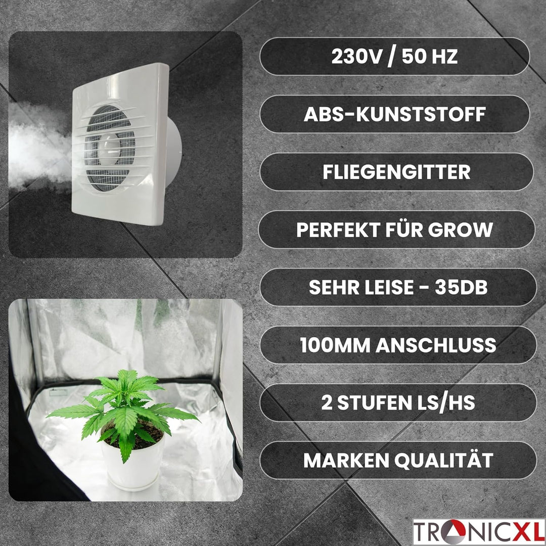 IPX4 15W 100mm Abluft Zuluft Grow Lüfter Ventilator für Homebox mit Fliegengitter Growbox Growschran