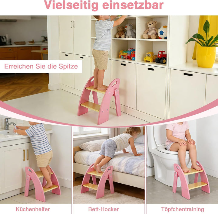 Tritthocker Kinder 2 Stufen, Trittleiter Klappbar Holz mit Griff, Tragfähigkeit bis zu 135KG, Tritts