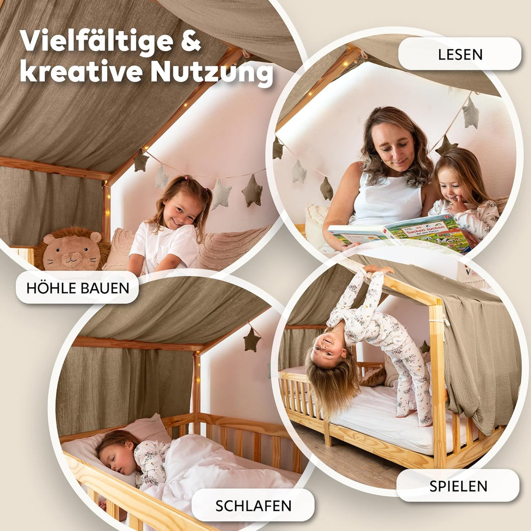 lilimaus Hausbett Himmel - 100% Baumwolle Betthimmel aus Musselin - Hausbett Deko - Geschenk Mädchen
