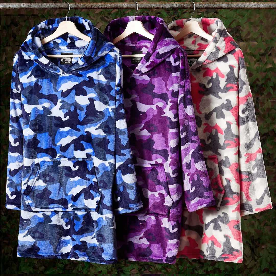 CityComfort Decke Hoodie Kinder Fleece Übergrösse Kapuzenpullover Mädchen Einheitsgrösse Lila Tarnfa