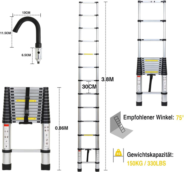 Eulenke 3,8M Teleskopleiter, Rutschfester Aluminium Multifunktionsleiter, Stehleiter mit 2 mit Abneh