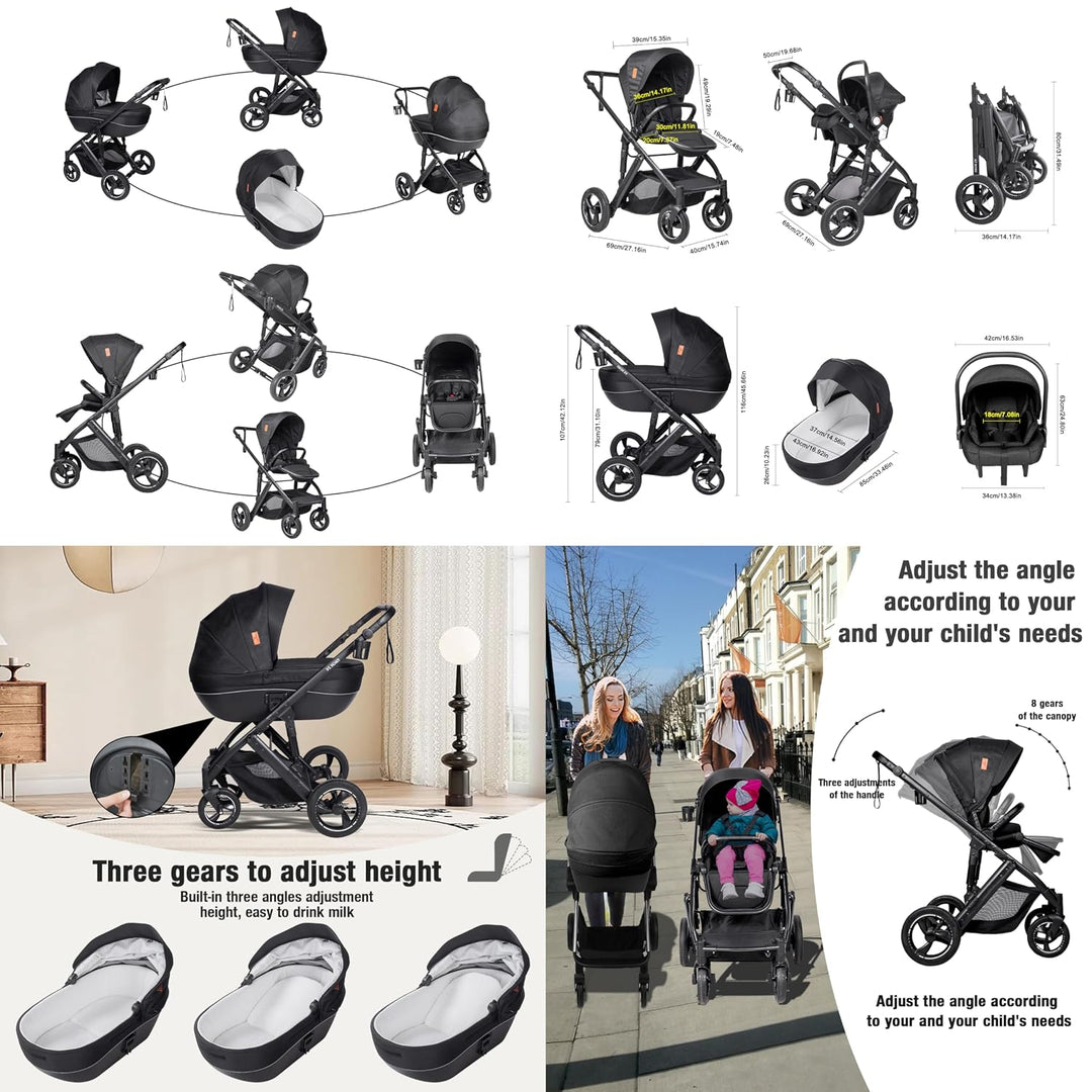 Kinderwagen 4 in 1, Buggy mit Umkehrbarem Zwei-Wege-Schub, Kinderwagen mit Faltbarem Tragbarem One-C