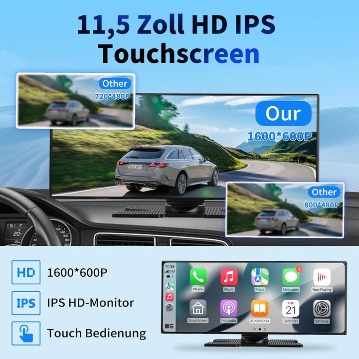 kuayvan 11.5 Zoll Carplay Display Android Auto Display,4K Car Play Kabelloses Carplay Android Auto B