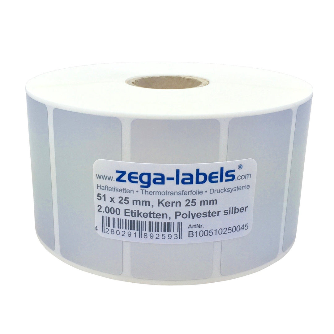 Polyester Thermotransfer Etiketten auf Rolle - 51 x 25 mm - aus PET Polyesterfolie silber für Typens