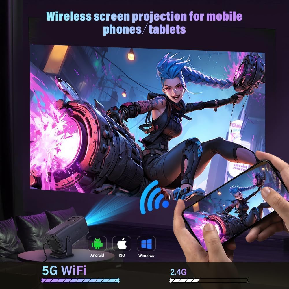 Mini Beamer mit Android 11, 720P HD Projektor, WLAN & Bluetooth, automatische Trapezkorrektur, tragb