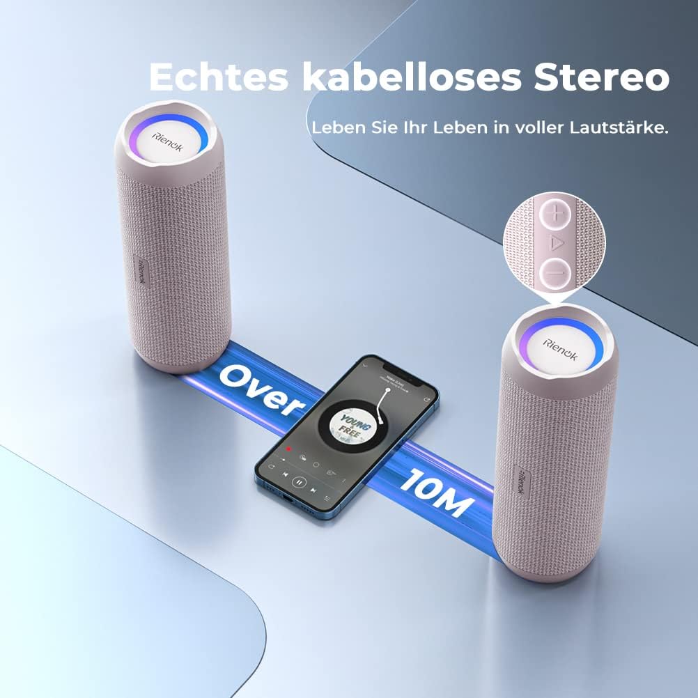 RIENOK Bluetooth Lautsprecher mit Licht Bluetooth 5.3 Musikbox Bass Kabellos Box mit IPX7 wasserdich
