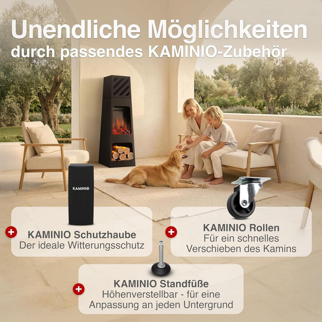 KAMINIO Elektrischer Gartenkamin Kai - Elektro Terrassenofen mit Heizung, 3D-Flammeneffekt, Holzfach