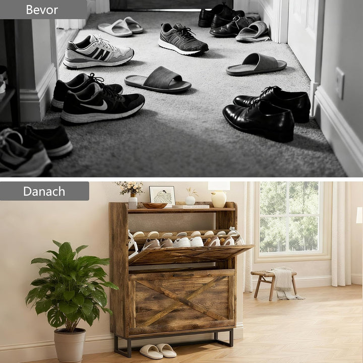 Schuhschrank schmal, Schuhkipper mit 2 Klappen, Schuhregal mit 4 Ablageflächen für Flur, Schuhkommod
