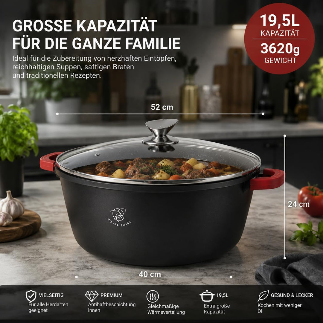 Royal Swiss Kochtopf, 40 cm, Schwarz, 19,5 l, Marmorbeschichtung, Glasdeckel, geeignet für Induktion