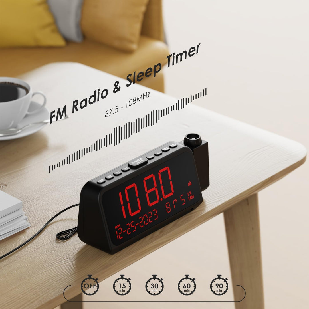 Wecker mit Projektion für Schlafzimmer, Projektionsuhr mit 5 Dimmer, Nachtlicht, Wochenend/Wochentag