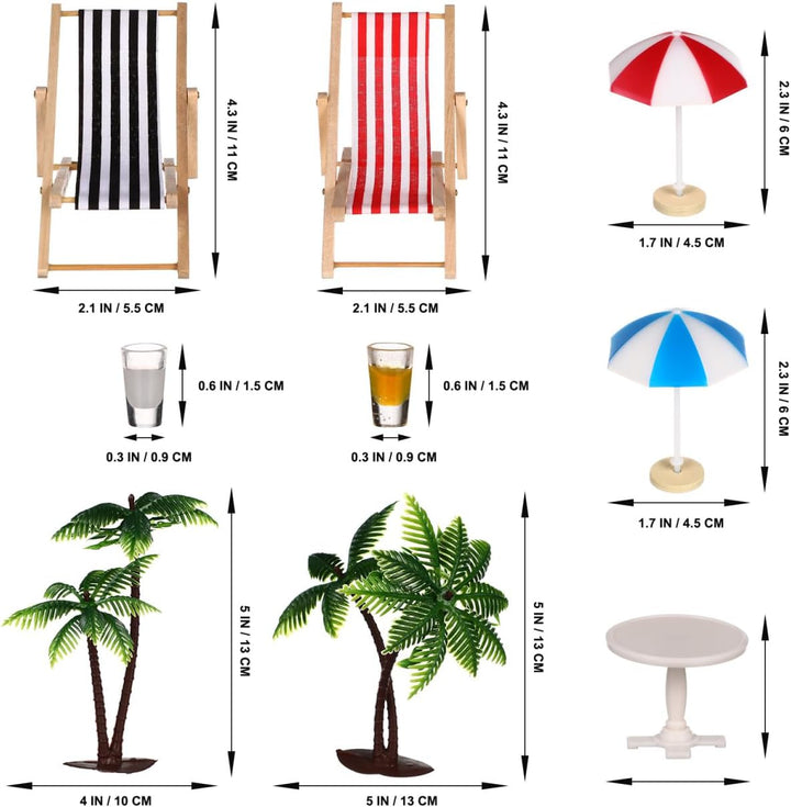 9 Stück Miniatur-Stranddeko Set: Palmen, Sonnenschirme, Liegestühle, Getränke Und Runder Tisch Für D