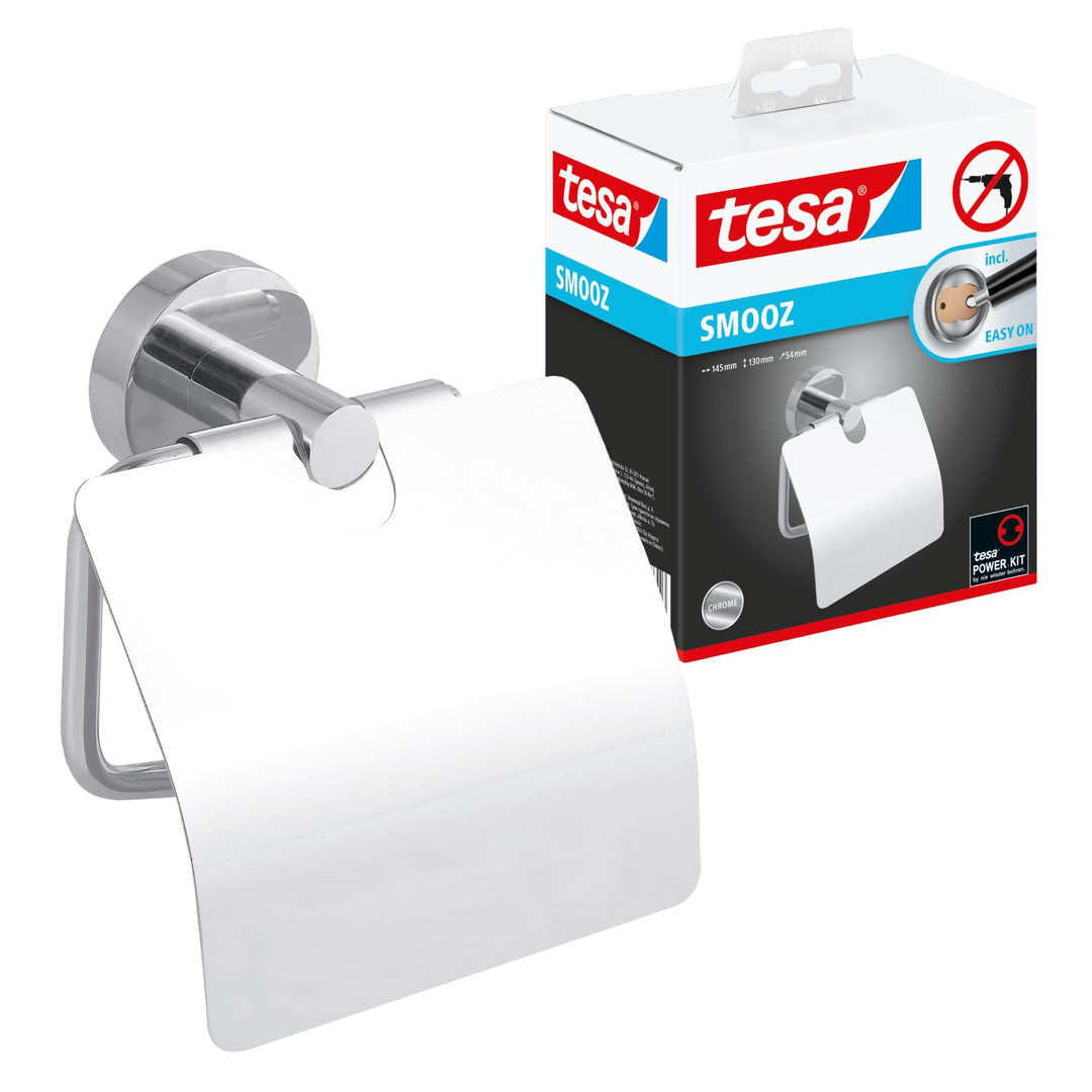 tesa SMOOZ Toilettenpapierhalter mit Deckel, verchromt - WC-Rollenhalter zur Wandbefestigung ohne Bo