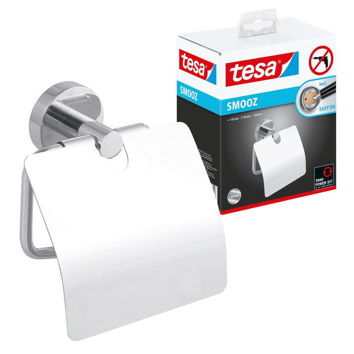 tesa SMOOZ Toilettenpapierhalter mit Deckel, verchromt - WC-Rollenhalter zur Wandbefestigung ohne Bo