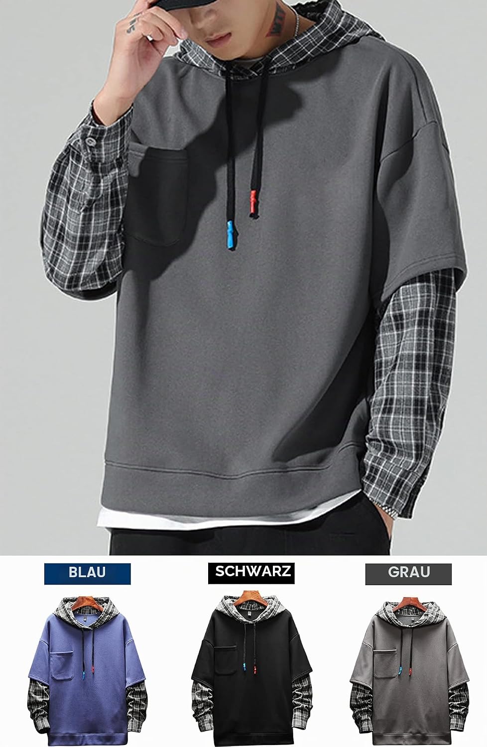 Moshtashio Kapuzenpullover für Herren, Patchwork Hoodie mit Kontrastfarbe Langarm Basic Sweatshirt P