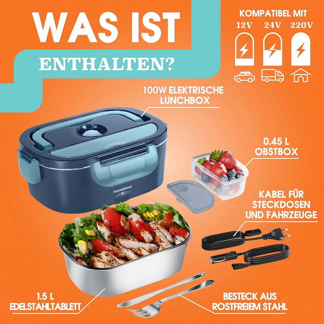 TRAVELISIMO Elektrische Lunchbox 80W Essensbox Warmes Mittagessen, 1,5L Wärmebox für Speisen 3-in-1