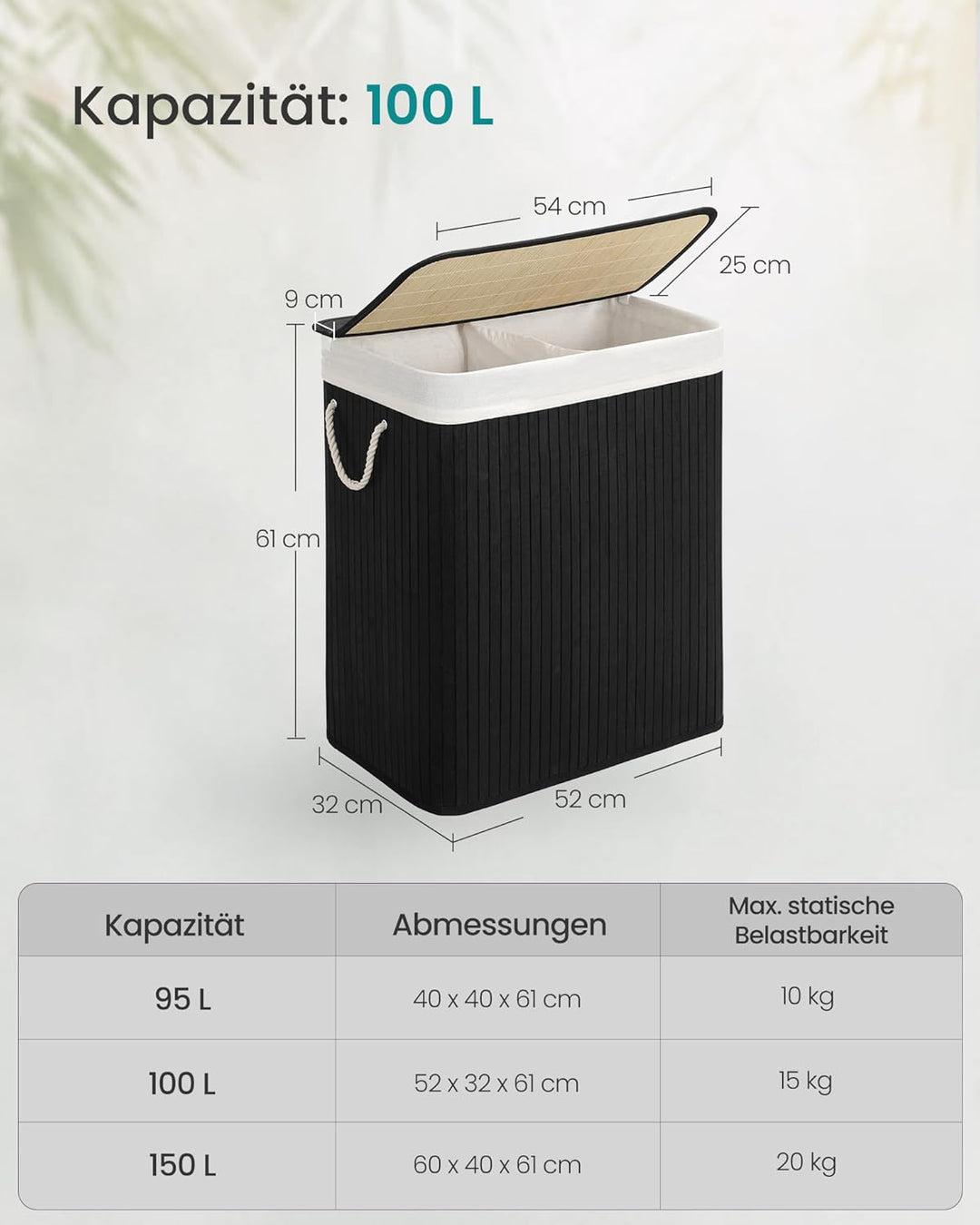 SONGMICS Wäschekorb 2 Fächer, 100 L Wäschesammler mit Deckel, Wäschebox Bambus, mit Griffen, faltbar