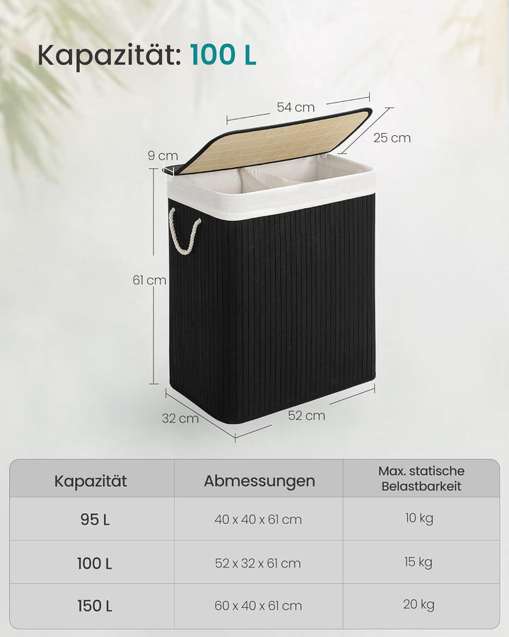 SONGMICS Wäschekorb 2 Fächer, 100 L Wäschesammler mit Deckel, Wäschebox Bambus, mit Griffen, faltbar