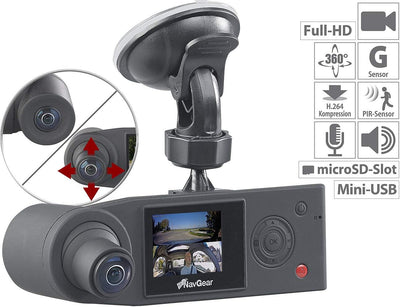 NavGear Kamera für Auto: Full-HD-Dashcam mit 2 Kameras für 360°-Panorama-Sicht, G-Sensor (Autokamera