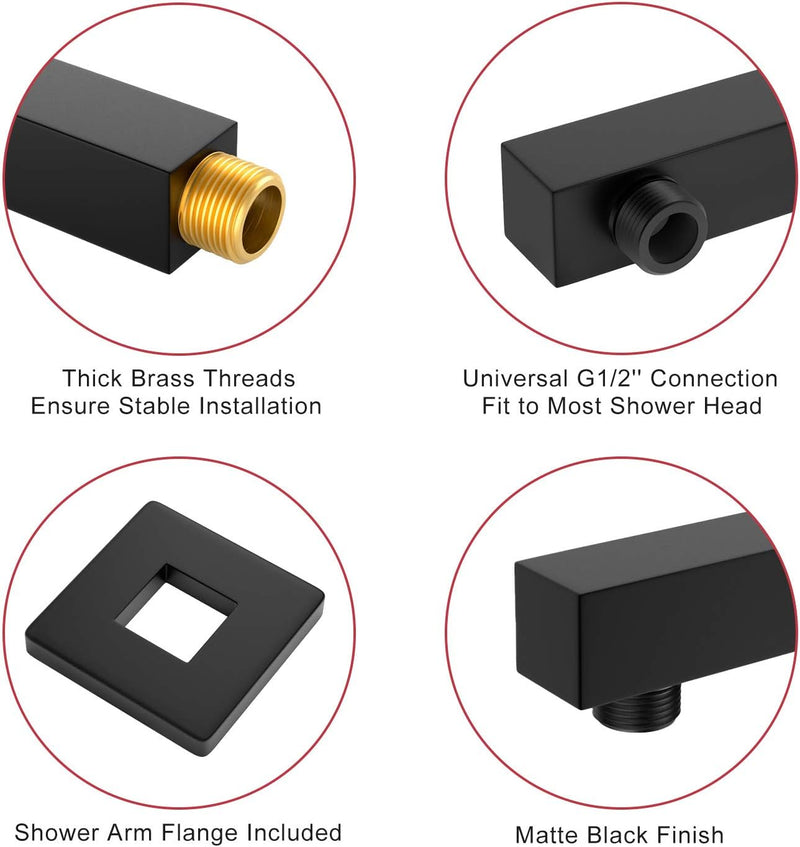 Rainsworth Brausearm Wandarm Duscharm für Regenduschkopf Quadratisch 400MM, Messing, Schwarz, 16 inc