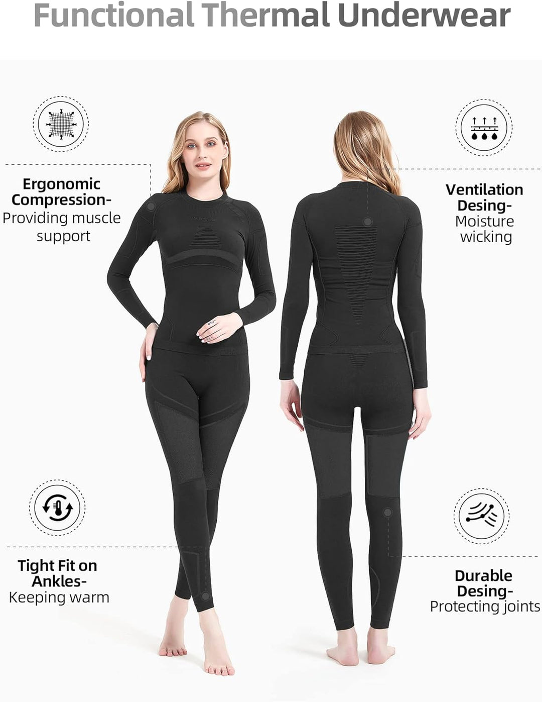 NOOYME Thermounterwäsche Damen Atmungsaktiv Thermowäsche Set Funktionswäsche Anti-bakteriell und Fle