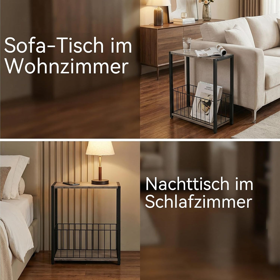 Schmaler Beistelltisch mit Zeitschriftenhalter, Greige-schwarz | Eisenrahmen und MDF-Platte, 18 x 43