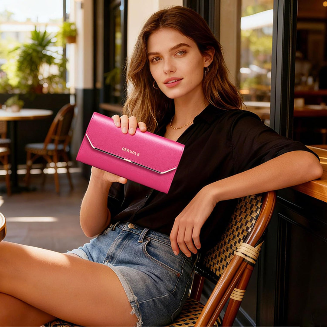 Geldbeutel Damen Leder Geldbörse RFID Schutz Large Portemonnaie Minimalistisch Lange Brieftasche Ros