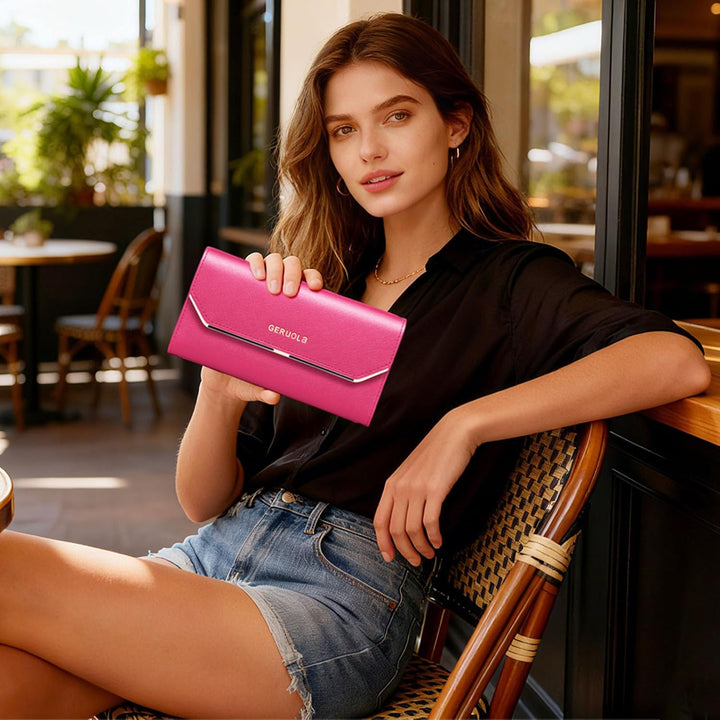 Geldbeutel Damen Leder Geldbörse RFID Schutz Large Portemonnaie Minimalistisch Lange Brieftasche Ros